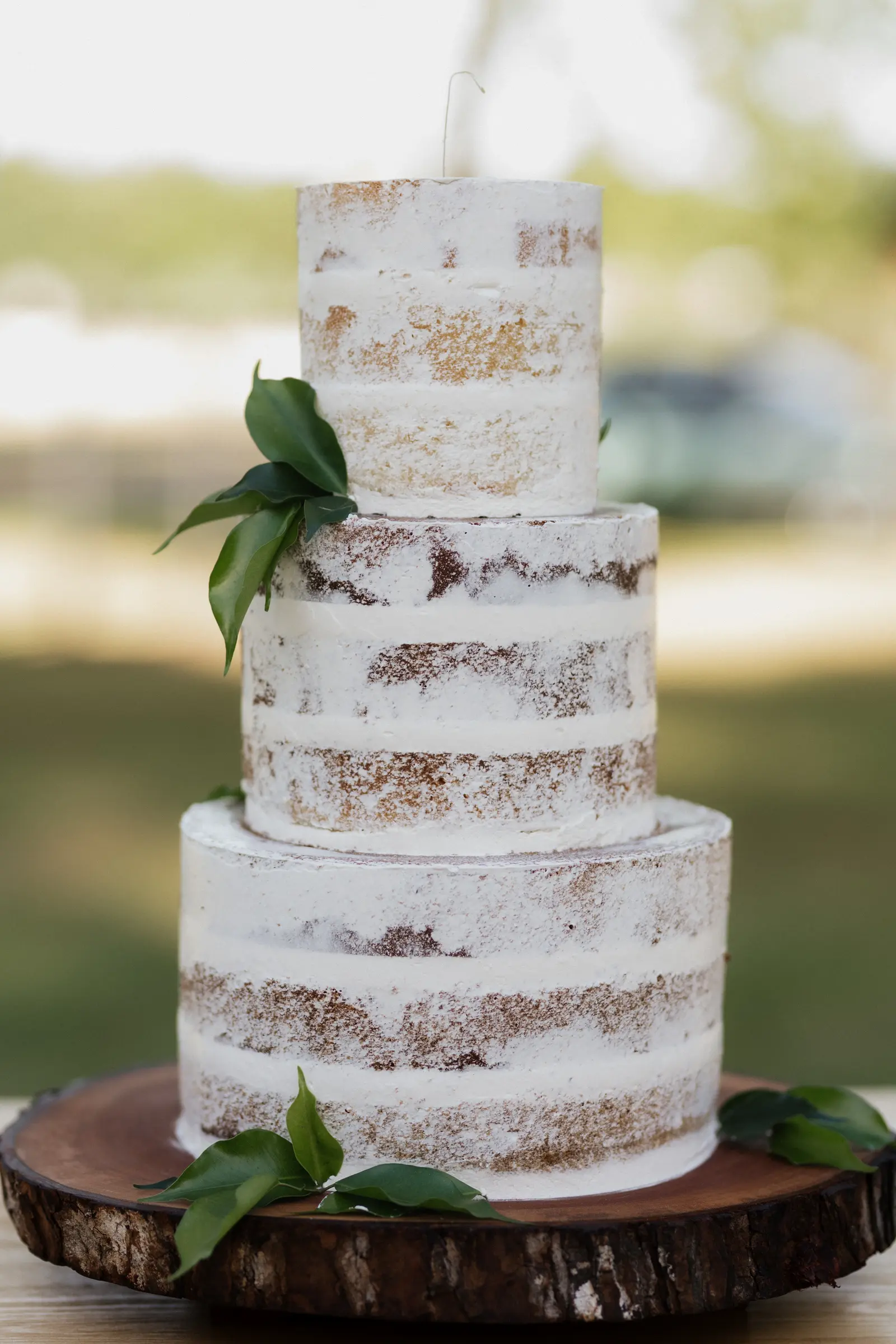 Multi-tier naked wedding cake with greenery on a wooden stand