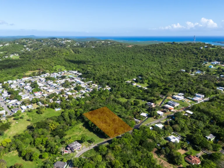 Aerial view of a coastal Puerto Rico neighborhood with the ocean in the distance and a property lot highlighted