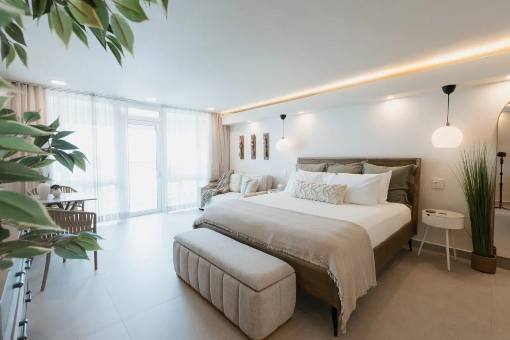 Bright bedroom with floor-to-ceiling windows overlooking a city view